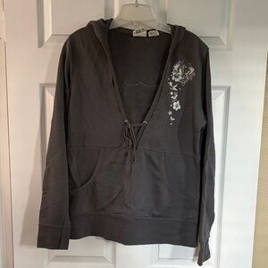 Gray Roxy Pullover Hoodie with  White Floral Design.